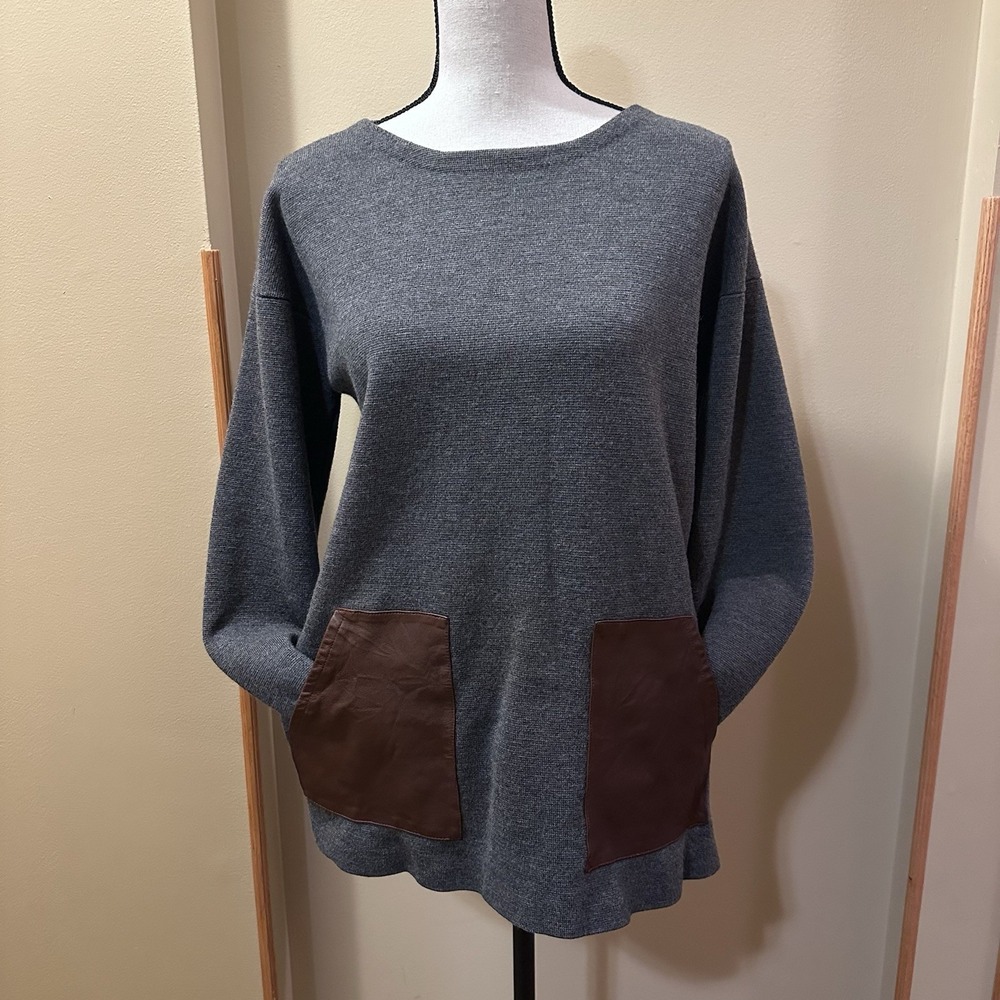 J Crew‎ Womens Gray 100% Merino Wool Pullover Sweater 100% Leather Pockets Large